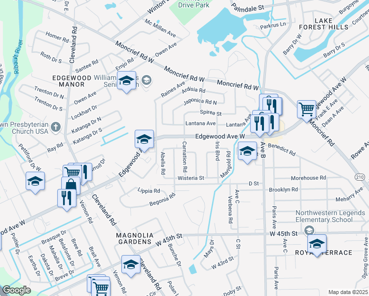 map of restaurants, bars, coffee shops, grocery stores, and more near Carnation Road in Jacksonville