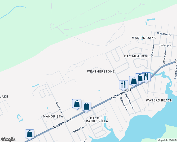 map of restaurants, bars, coffee shops, grocery stores, and more near 3838 Weatherstone Circle in Pensacola