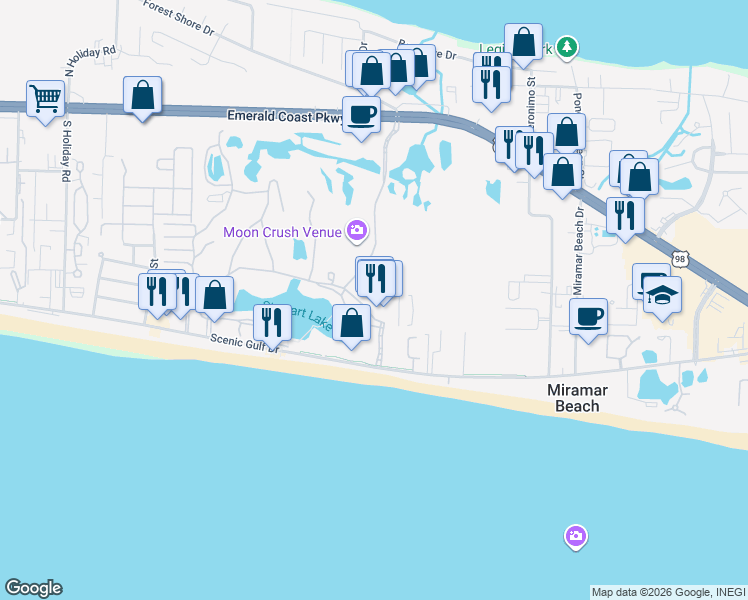map of restaurants, bars, coffee shops, grocery stores, and more near 112 Seascape Boulevard in Miramar Beach