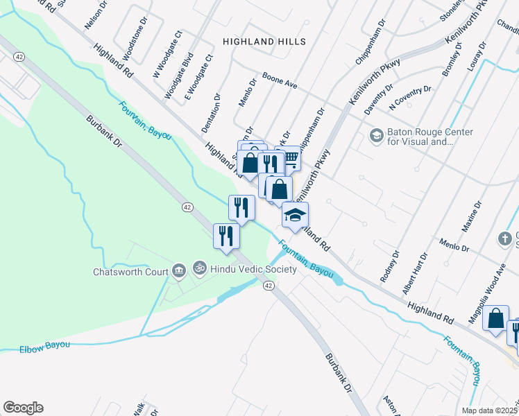 map of restaurants, bars, coffee shops, grocery stores, and more near 7336 Highland Road in Baton Rouge