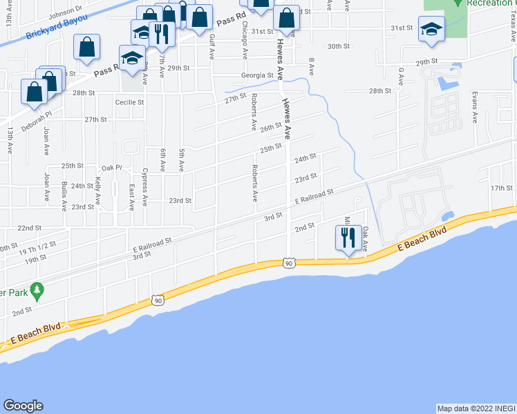 map of restaurants, bars, coffee shops, grocery stores, and more near 2200 Roberts Avenue in Gulfport