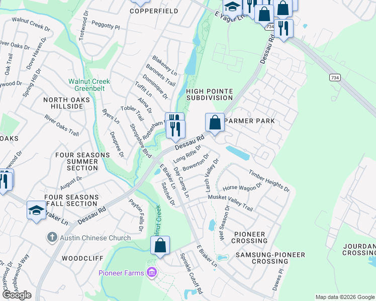 map of restaurants, bars, coffee shops, grocery stores, and more near 11704 Goddard Bluff Cove in Austin