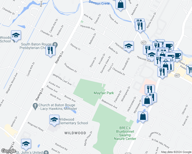 map of restaurants, bars, coffee shops, grocery stores, and more near 9585 Southlawn Drive in Baton Rouge