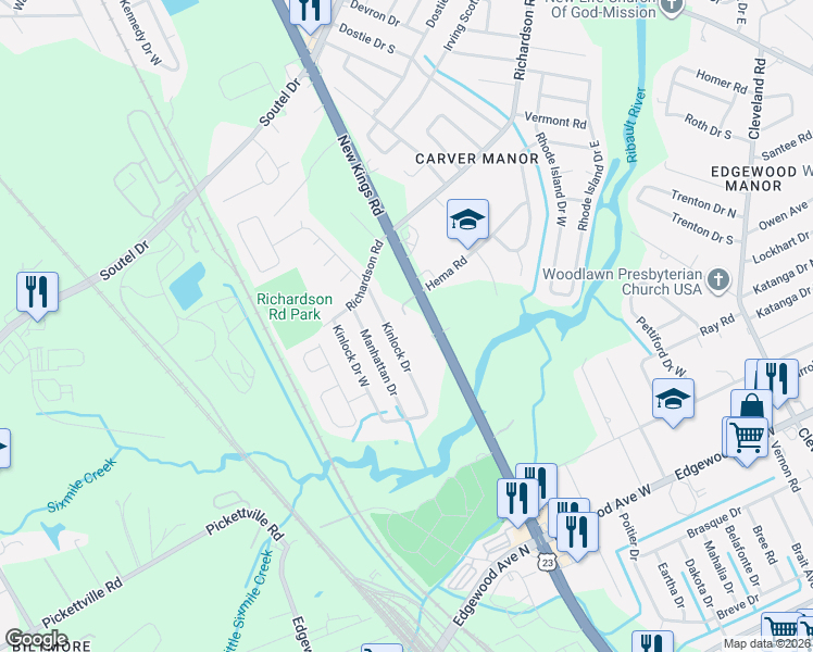 map of restaurants, bars, coffee shops, grocery stores, and more near 6558 New Kings Road in Jacksonville