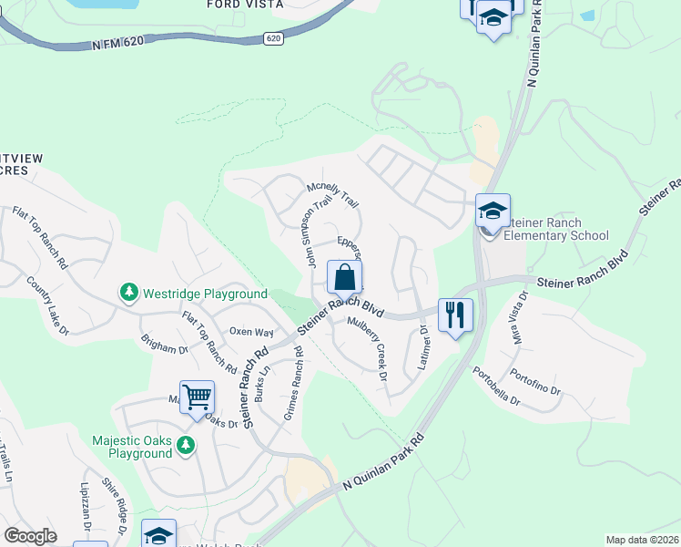 map of restaurants, bars, coffee shops, grocery stores, and more near 12607 Grierson Trail in Austin