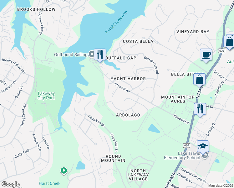 map of restaurants, bars, coffee shops, grocery stores, and more near 312 Camino Arbolago in Lakeway
