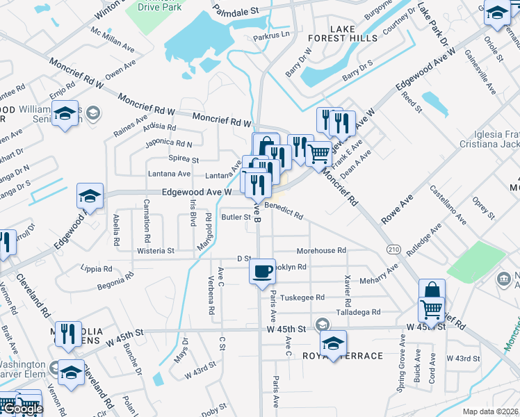 map of restaurants, bars, coffee shops, grocery stores, and more near 5913 Ave B in Jacksonville