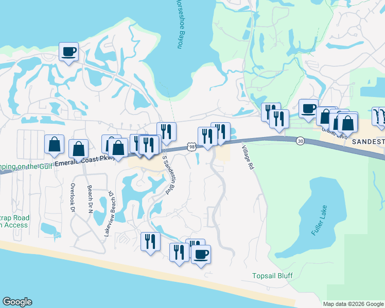map of restaurants, bars, coffee shops, grocery stores, and more near 5383 Pine Ridge Lane in Miramar Beach