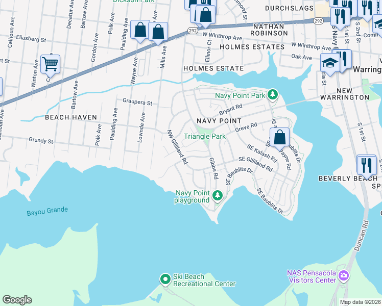 map of restaurants, bars, coffee shops, grocery stores, and more near 14 Cousineau Road in Pensacola