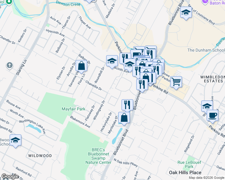 map of restaurants, bars, coffee shops, grocery stores, and more near 9936 Waterford Court in Baton Rouge