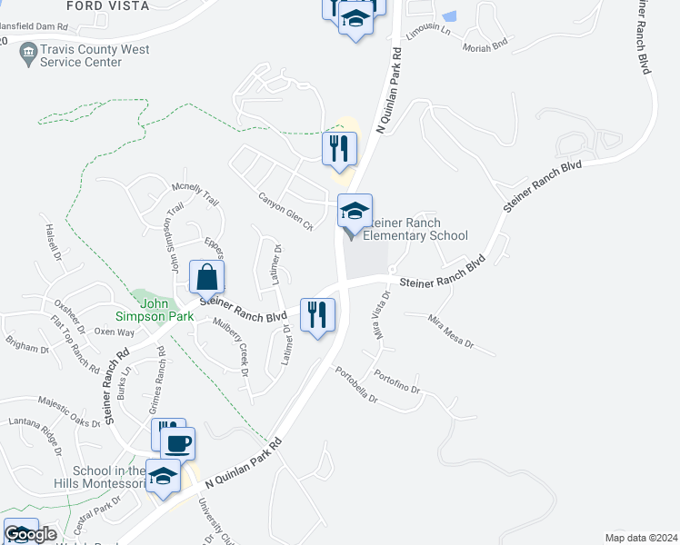 map of restaurants, bars, coffee shops, grocery stores, and more near 4036 North Quinlan Park Road in Austin