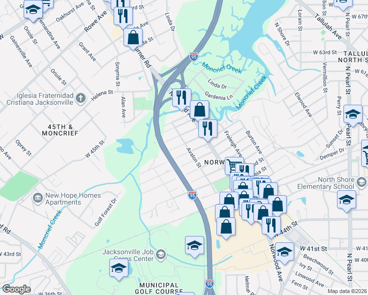 map of restaurants, bars, coffee shops, grocery stores, and more near 967 Glencarin Street in Jacksonville