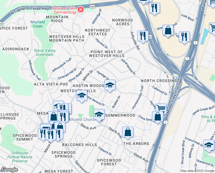 map of restaurants, bars, coffee shops, grocery stores, and more near 8610 Tallwood Drive in Austin