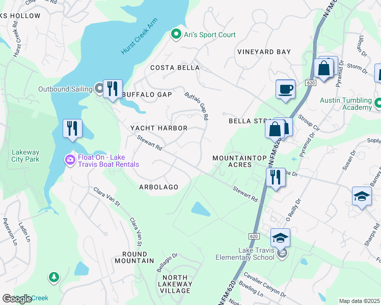 map of restaurants, bars, coffee shops, grocery stores, and more near 15924 Stewart Road in Austin