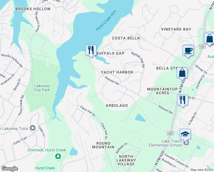 map of restaurants, bars, coffee shops, grocery stores, and more near 312 Camino Arbolago in Lakeway