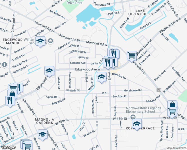 map of restaurants, bars, coffee shops, grocery stores, and more near 5877 Marigold Rd in Jacksonville