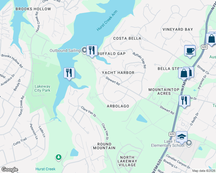 map of restaurants, bars, coffee shops, grocery stores, and more near 312 Camino Arbolago in Lakeway