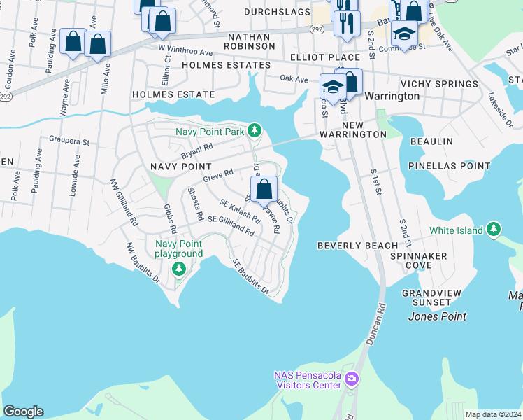 map of restaurants, bars, coffee shops, grocery stores, and more near 207 Payne Road in Pensacola