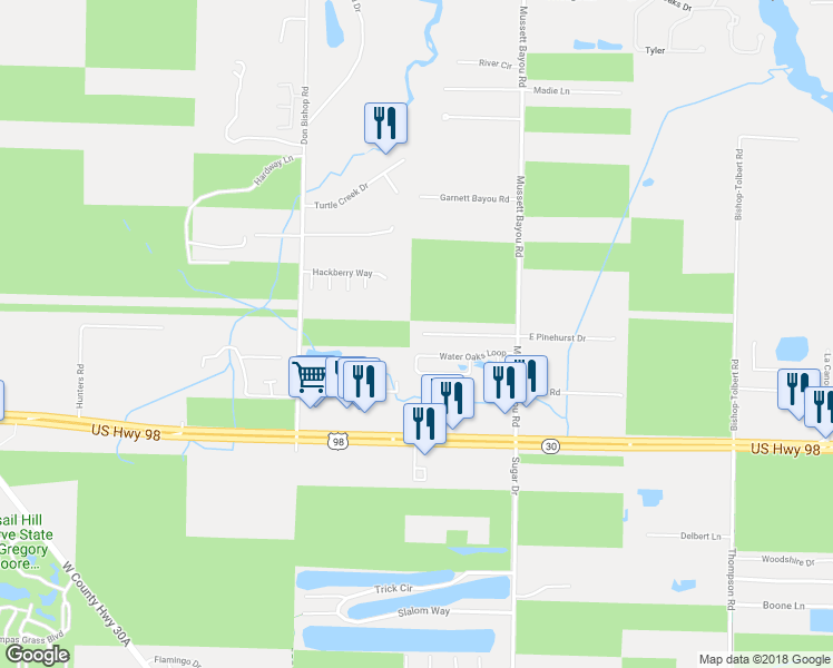 map of restaurants, bars, coffee shops, grocery stores, and more near 239 Mussett Bayou Road in Santa Rosa Beach