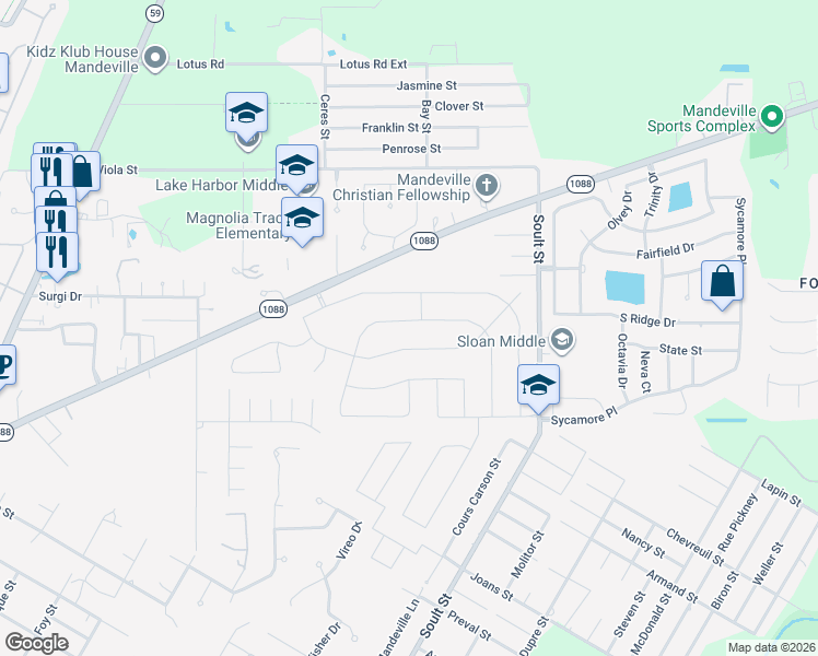 map of restaurants, bars, coffee shops, grocery stores, and more near 444 Red Maple Dr in Mandeville