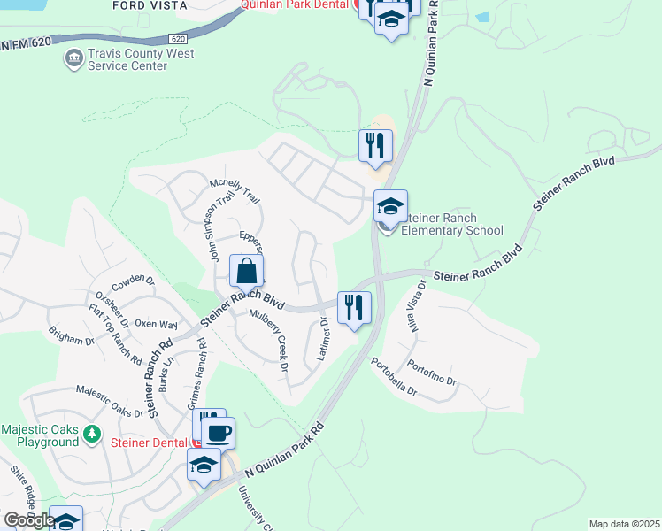 map of restaurants, bars, coffee shops, grocery stores, and more near 12406 Old Salt Trail in Austin