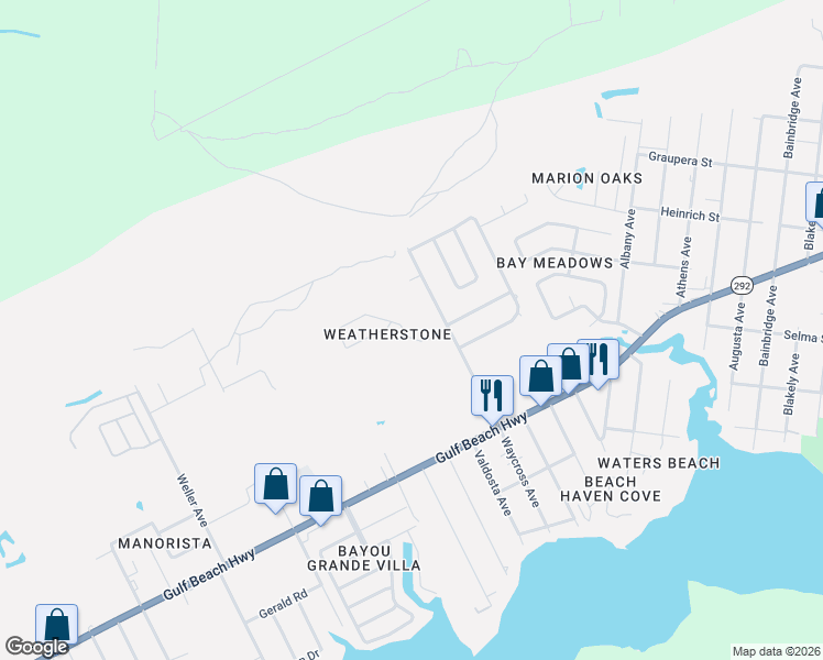 map of restaurants, bars, coffee shops, grocery stores, and more near 3926 Weatherstone Circle in Pensacola