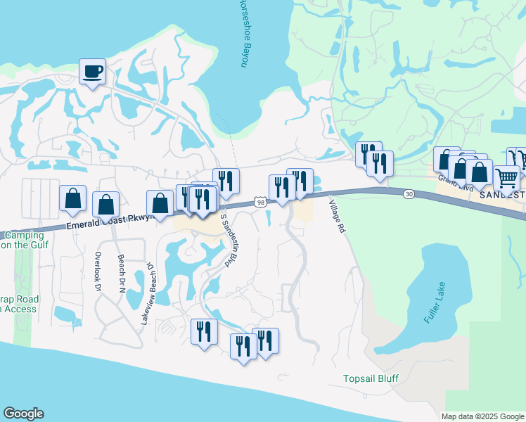 map of restaurants, bars, coffee shops, grocery stores, and more near 5382 Pine Ridge Lane in Miramar Beach