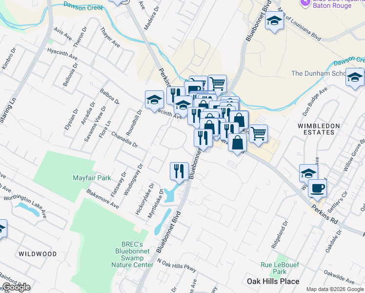 map of restaurants, bars, coffee shops, grocery stores, and more near 8008 Bluebonnet Boulevard in Baton Rouge