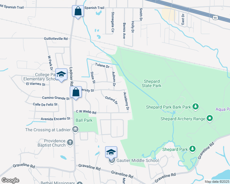 map of restaurants, bars, coffee shops, grocery stores, and more near 1909 University St in Gautier