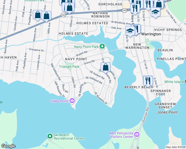 map of restaurants, bars, coffee shops, grocery stores, and more near 123 Southeast Kalash Road in Pensacola