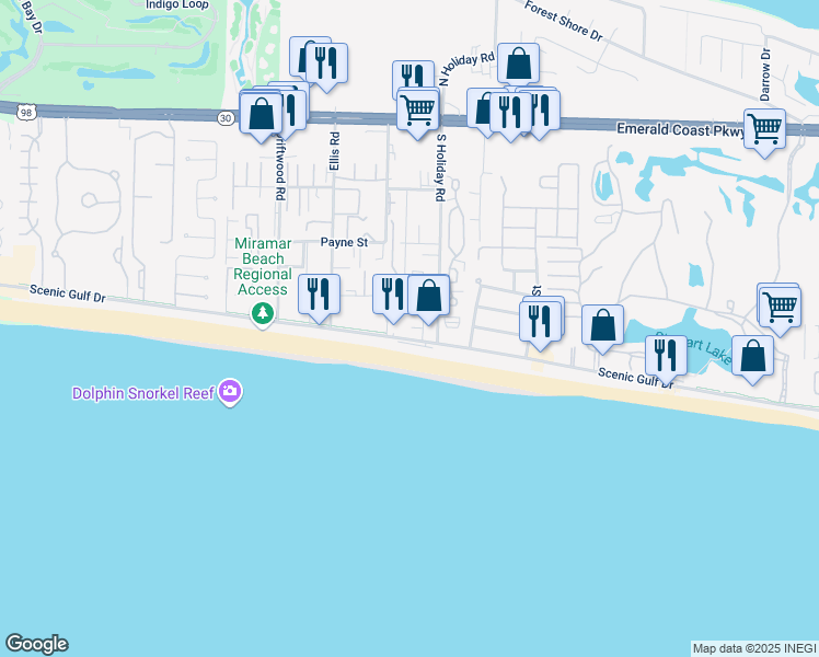 map of restaurants, bars, coffee shops, grocery stores, and more near 2020 Scenic Gulf Drive in Miramar Beach
