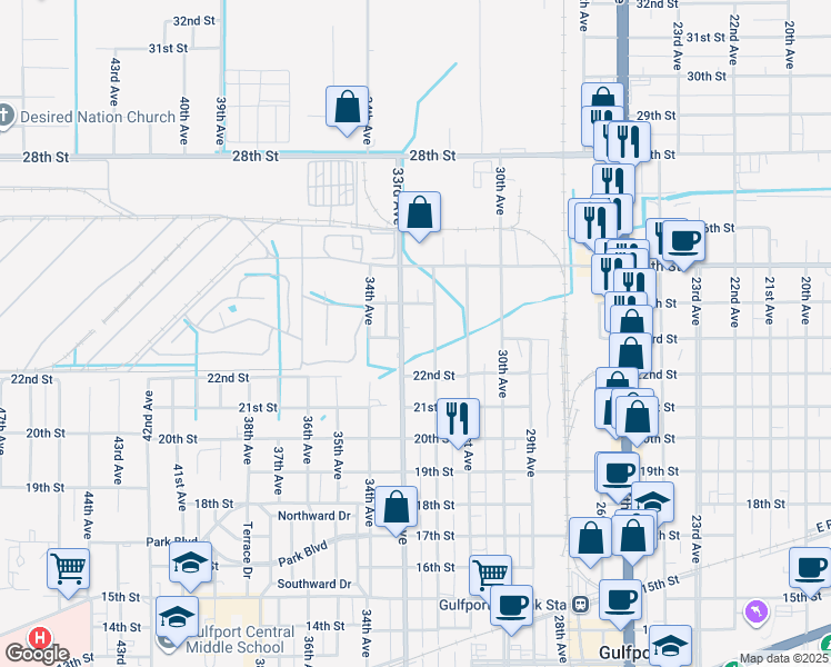 map of restaurants, bars, coffee shops, grocery stores, and more near 2300 33rd Avenue in Gulfport