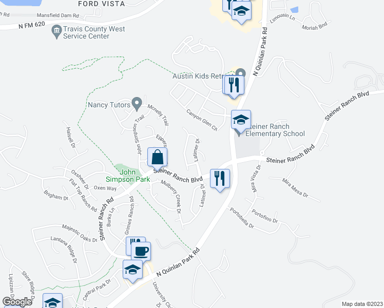 map of restaurants, bars, coffee shops, grocery stores, and more near 3806 Latimer Drive in Austin