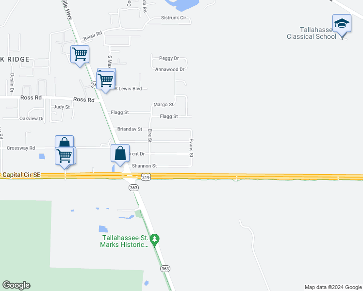 map of restaurants, bars, coffee shops, grocery stores, and more near 823 Greenleaf Drive in Tallahassee