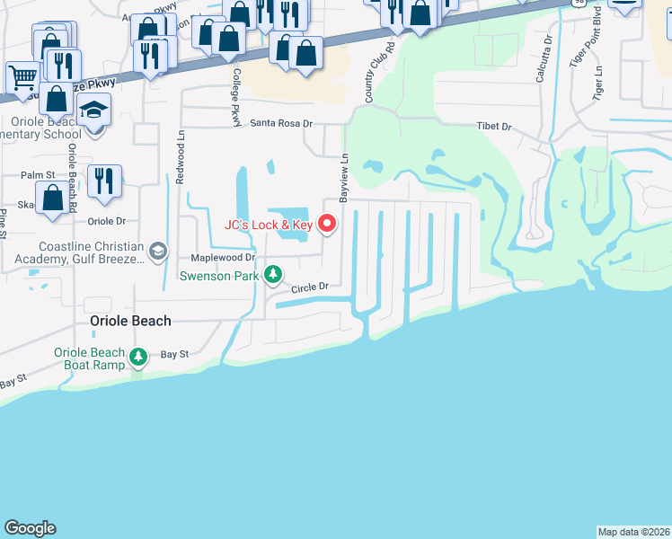 map of restaurants, bars, coffee shops, grocery stores, and more near 1119 Bayview Lane in Gulf Breeze