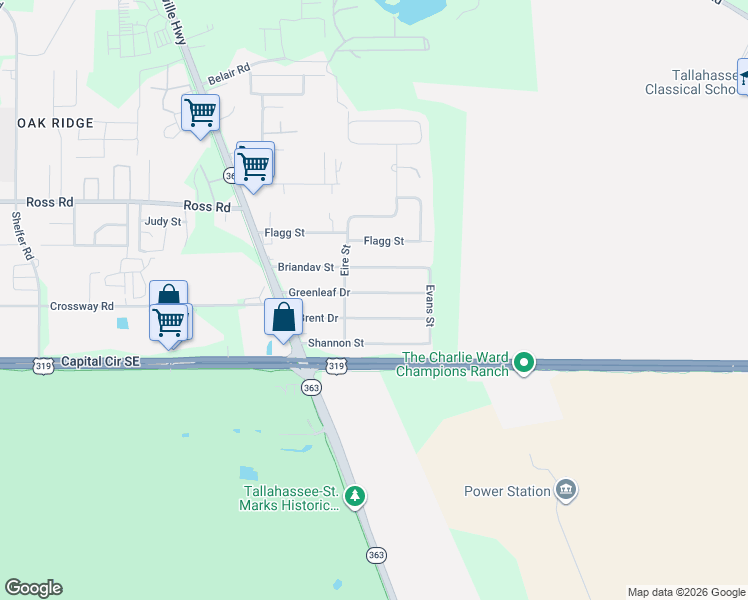 map of restaurants, bars, coffee shops, grocery stores, and more near 809 Greenleaf Drive in Tallahassee