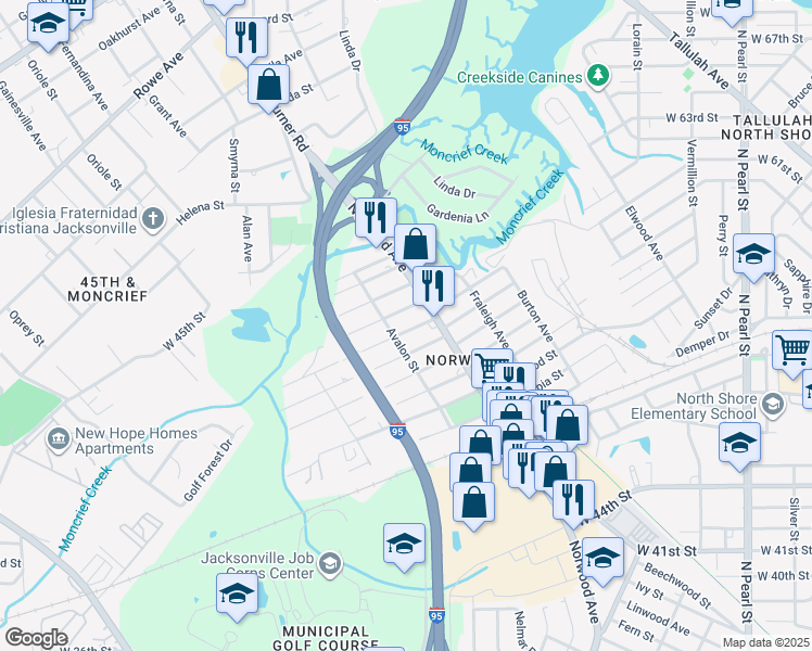 map of restaurants, bars, coffee shops, grocery stores, and more near 967 Glencarin Street in Jacksonville