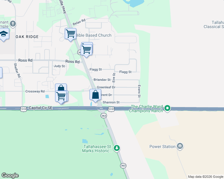 map of restaurants, bars, coffee shops, grocery stores, and more near 725 Greenleaf Drive in Tallahassee