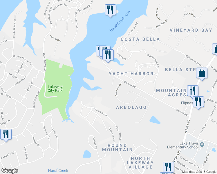 map of restaurants, bars, coffee shops, grocery stores, and more near 24 Sunset Park Cove in Lakeway