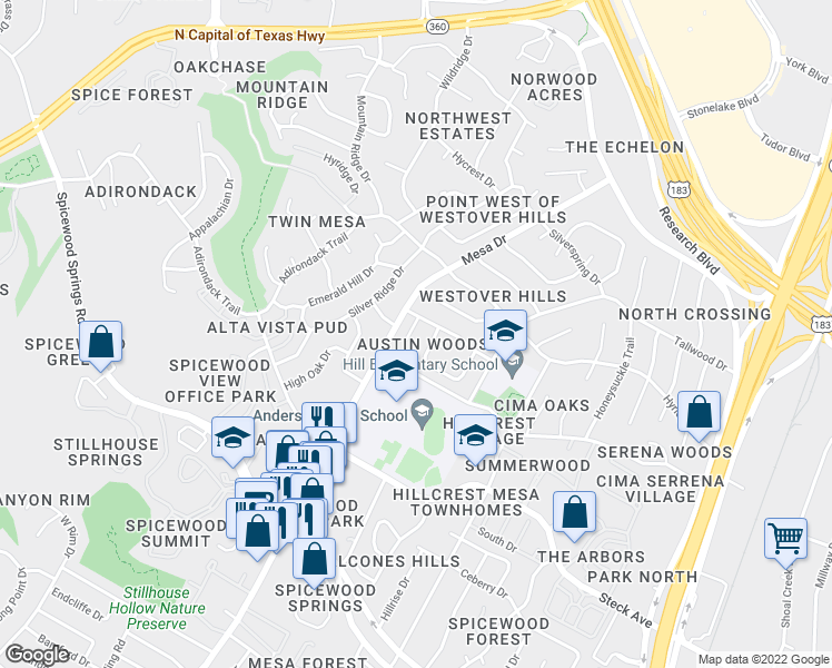 map of restaurants, bars, coffee shops, grocery stores, and more near 8601 Dorotha Court in Austin