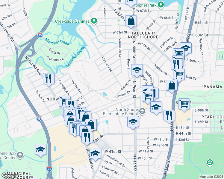 map of restaurants, bars, coffee shops, grocery stores, and more near 6437 Lanark Avenue in Jacksonville