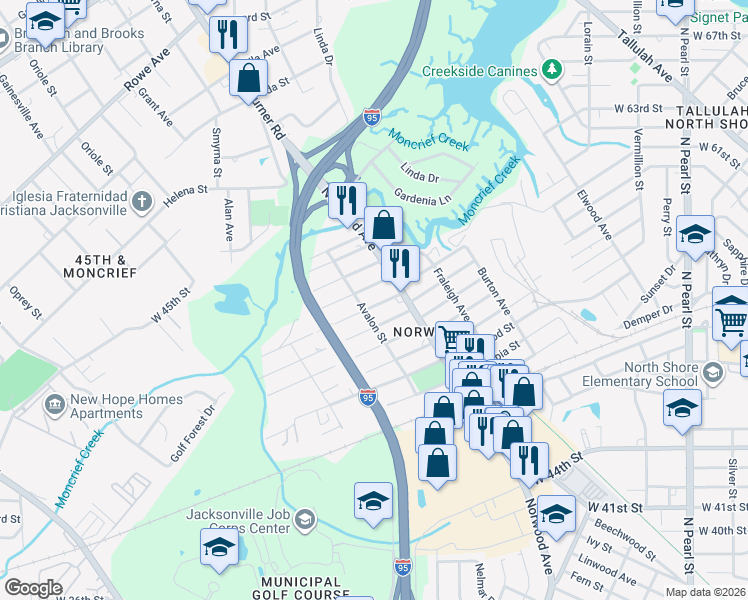map of restaurants, bars, coffee shops, grocery stores, and more near 967 Glencarin Street in Jacksonville