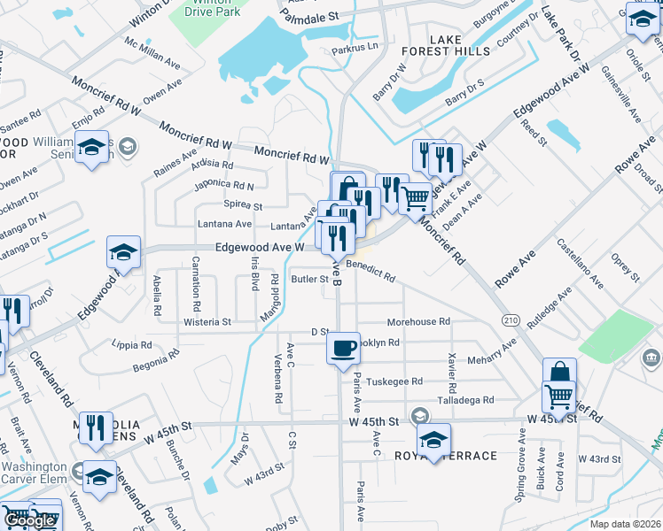 map of restaurants, bars, coffee shops, grocery stores, and more near 5913 Avenue B in Jacksonville