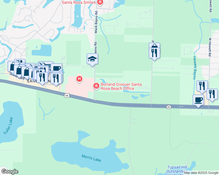 map of restaurants, bars, coffee shops, grocery stores, and more near 141 Mack Bayou Road in Santa Rosa Beach