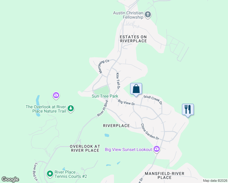 map of restaurants, bars, coffee shops, grocery stores, and more near 5303 River Place Boulevard in Austin