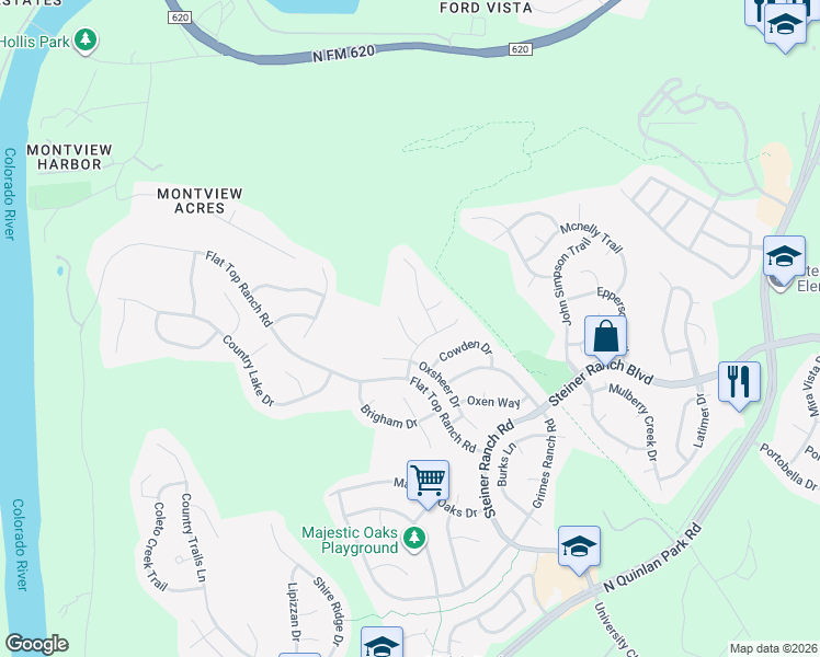 map of restaurants, bars, coffee shops, grocery stores, and more near 13012 Titus Court in Austin