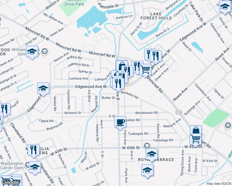 map of restaurants, bars, coffee shops, grocery stores, and more near 5913 Avenue B in Jacksonville