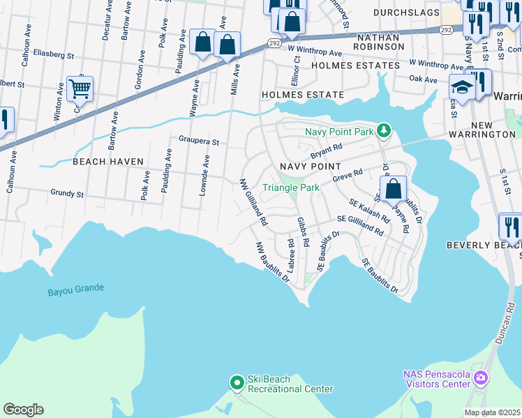 map of restaurants, bars, coffee shops, grocery stores, and more near 102 Northwest Gilliland Road in Pensacola