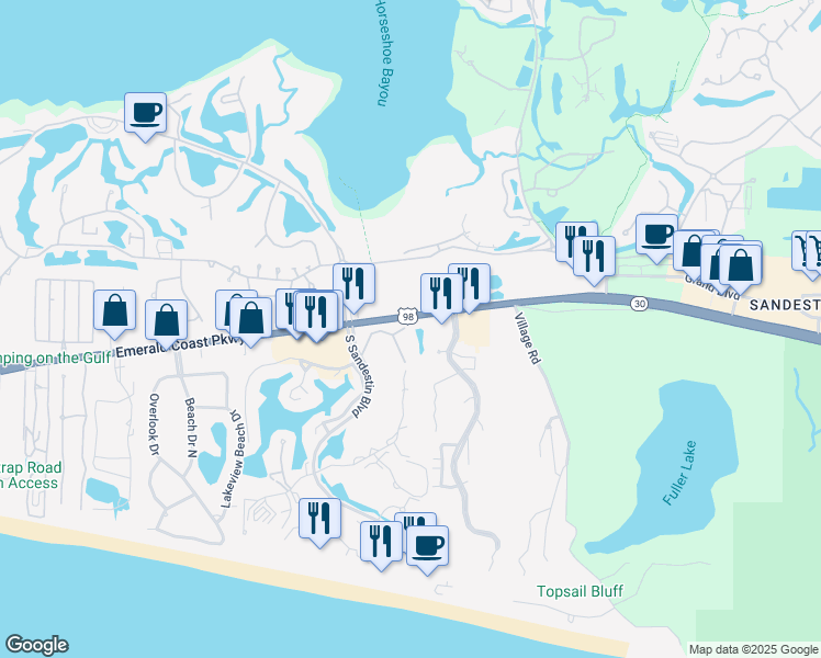 map of restaurants, bars, coffee shops, grocery stores, and more near 5381 Pine Ridge Lane in Miramar Beach