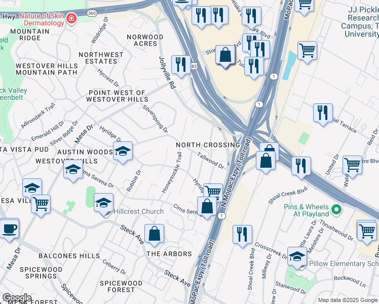 map of restaurants, bars, coffee shops, grocery stores, and more near 8800 Willowick Drive in Austin